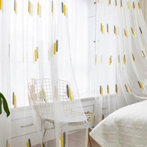 White Tulle with Embroidery Elegant Transparent Sheer Curtains for Living Room Leaf Decor 1 Piece Polyester Kids Bedroom Panels