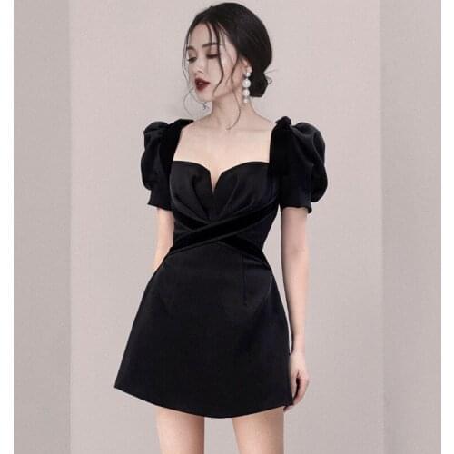 JSXDHK Runway Summer Women Short Party Dress High Quality Designer Sexy V Neck Puff Sleeve Patchwork Velvet Black Dress Vestidos