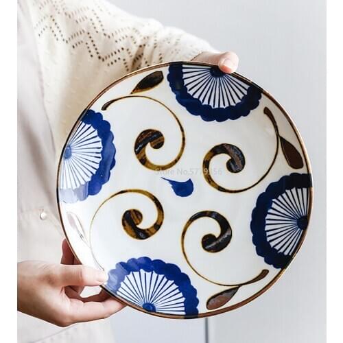 Japanese Style Retro Handmade Creative Design Ceramic Tableware Flat Plate Shallow Plate Household 23cm Plate