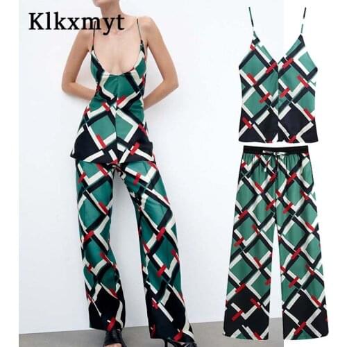 Klkxmyt Za Pant Set Women Suit 2021 Vintage Geometric Print Slip Crop Top+High Waisted Pants Suit 2 Piece Sets Woman Outfits