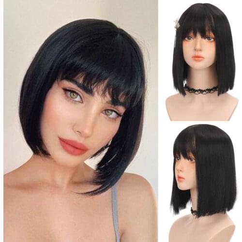 LANLAN Short Bob Brown Synthetic Wig for Women Natural Black/Pink Bob Wigs With Bangs Heat Resistant Fiber