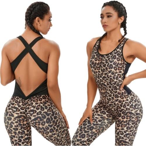 Leopard Yoga Set Fitness Women Jumpsuit Sexy Sleeveless Tracksuit One Piece Sports Leggings Gym Backless Workout Sportswear