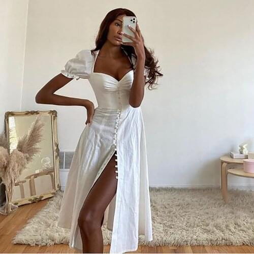 Summer Vintage Dress Women Sexy Party Club Strapless High Split Dresses Casual Solid Color Button Dresses Female