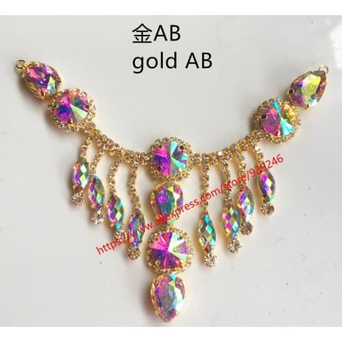 Fashion gold AB glass crystal rhinestone applique with tassel dangle crystal trims for dress collar sewing decoration accessory