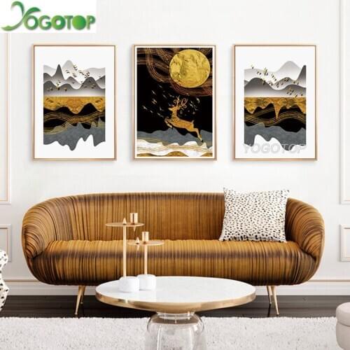 Golden Deer Birds Nordic Landscape Abstract Diy 5d Diamond Painting puzzle Square/Round mosaic Diamond Embroidery 3 piece ML1381