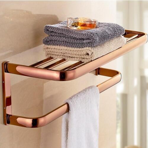 Rose Gold Bathroom Wall Mounted Towel Rail Holder Shelf Storage Rack Double Towel Rails Bar KD698