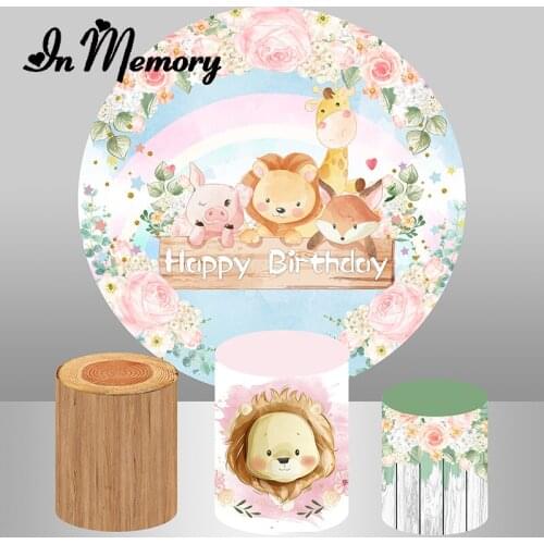 InMemory Wood Baby Animals Round Backdrop Cover Pink Flowers Rainbow Girls Newborn 1st Birthday Party Background Plinth Covers