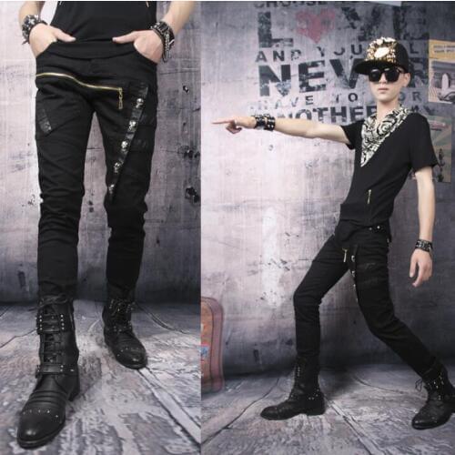 Autumn personality casual trousers mens pants rivets harem pant mens feet trousers fashion street novelty korean zipper black