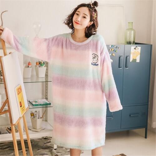 Striped nightdress new ladies dress warm fresh long-sleeve home wear simple robe elegant nightgown for autumn and winter pijamas