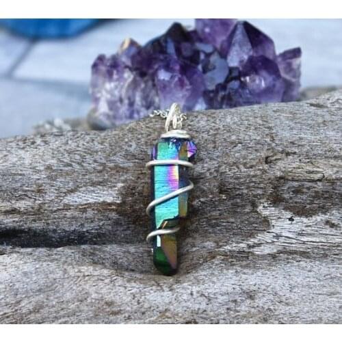 Titanium Quartz Crystal Point Wire Wrapped Stone Pendant Bohemian Necklace