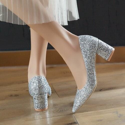 Spring Autumn Women Mixed Colors Bling High Heels Pumps Female Fashion Shallow Pointed Square Heel Wedding Shoes