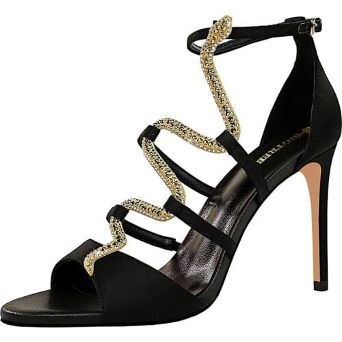 Stiletto High-Heeled Satin Hollow Snake Sandals with Rhinestones 9cm 2021 Women Summer Sexy Black Shoes Europe and America