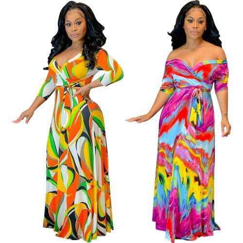 Medium Sleeve Party Dress Spring Autumn Fashion Print Club Night Dresses For Women Bandage V Neck Casual Maxi Dresses