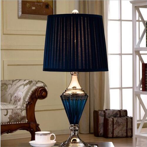 Vintage Mediterrean Sea Deep Blue Crystal Glass Fabric Led E27 Table Lamp for Wedding Decor Bedroom Bedside Living Room 1352