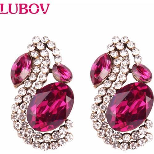 LUBOV Big Red Green Ellipse Crystal Rhinestone Stud Earrings 6 Colors Hot Sale Cheap Sexy Trendy Earring Femme Wholesale