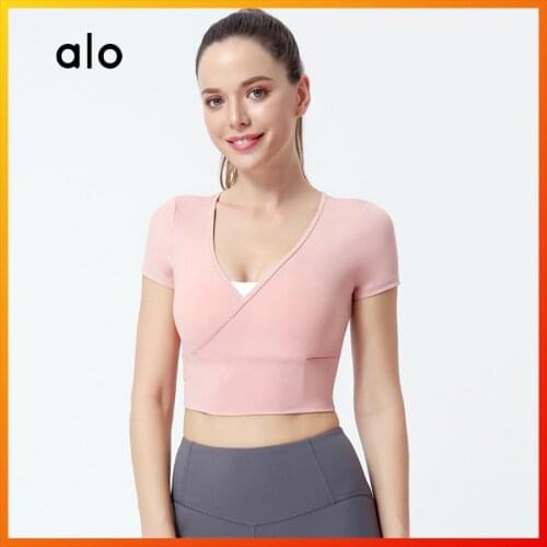 ALO Yoga 2021 Summer Womens Crop Top Three-color V-neck Top Sports Leisure Fitness Running T-shirt