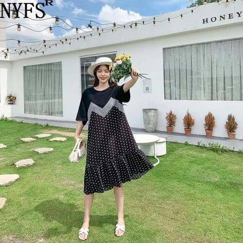 NYFS 2021 New Korean Loose Woman Dress Vestidos Robe Elbise Fashion Chiffon Wave point Patchwork Summer Dress