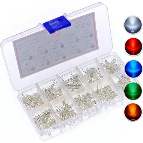 300pcs/Box 3MM 5 Color Assortment Round Clear Bright LED Light Emitting Diodes Lamp set