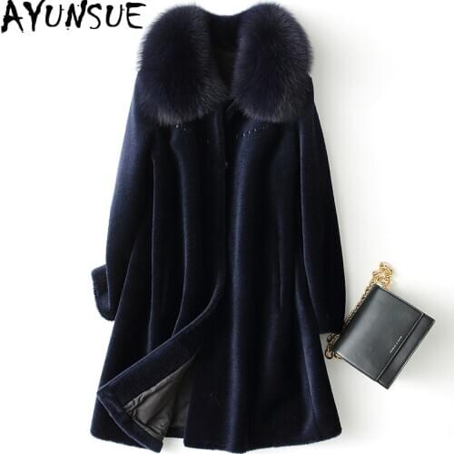 AYUNSUE Real Fur Coat Female Sheep Shearling Winter Jacket Women Fox Fur Collar 100% Wool Coat Korean Long Jackets Plus Size