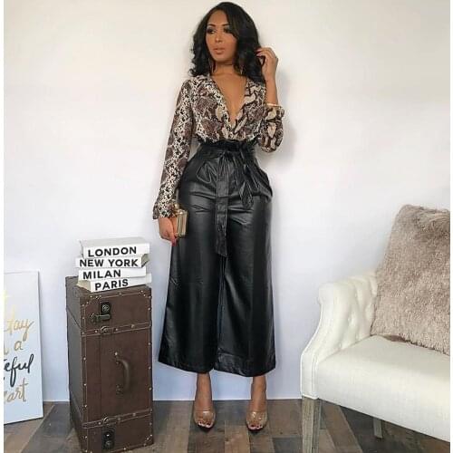 BKLD Women Casual PU Leather Long Pants 2019 Autumn New Elastic Waist Pants Streetwear Women Black High Waist Wide Leg Pants