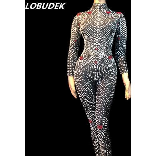 Bling Rhinestones Pearls Elastic Jumpsuit Sexy Nightclub Women Luxurious Costume Singer Concert Celebration Host Stage Outfit