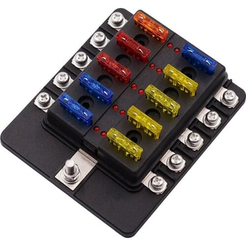 CAR TRUCK 12V/24V 20A/15A/10A/5A 10Way Standard Blade Fuse Box With LED Failure Warning Indicator Lights Block Holder