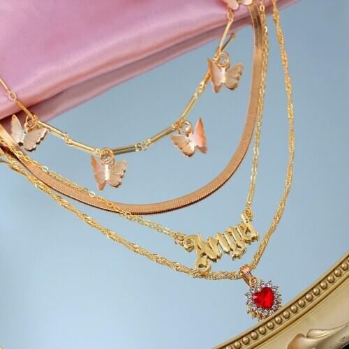 JUST FEEL Fashion Crystal Heart Pendants Necklaces for Women Multilayer Angel Butterfly Chain Choker Necklace Statement Jewelry