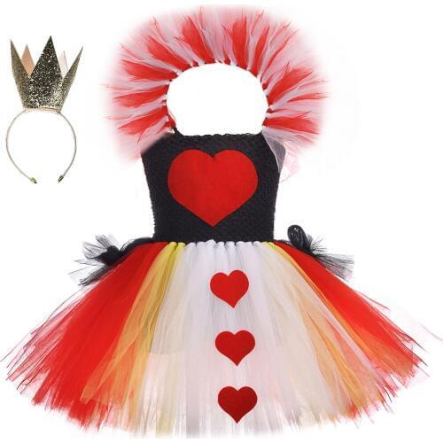 Black & Red Queen of Heart Children Girls Tutu Dress with Collar Alice Cosplay Costume for Kids Halloween Carnival Party Dresses