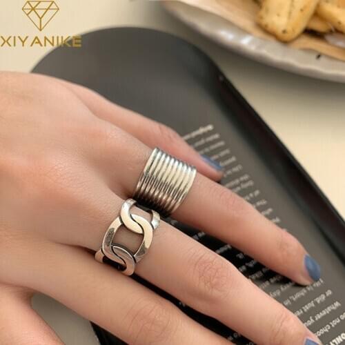 XIYANIKE 925 Sterling Silver Thick Chain Ring Female Retro Distressed Index Finger Opening Ring Punk Style Handmade Jewelry Gift
