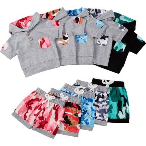 2021-04-16 Lioraitiin 2Pcs Set 0-3Years Toddler Baby Boy Tracksuit Camou Hooded Short Sleeves T-Shirt + Elastic Waist Shorts