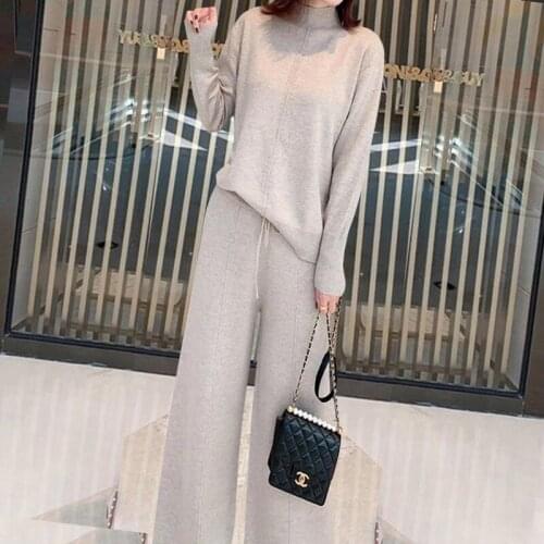 2 piece sets womens outfits autumn and winter cashmere knit suit womens temperament was thin loose sweater wide leg pants suit