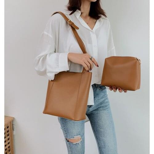 2pcs/Set Women Fashion Bucket Shoulder Handbag Classic Texture Delicate Creative Chic Leather Pure Color Clutch Wallet
