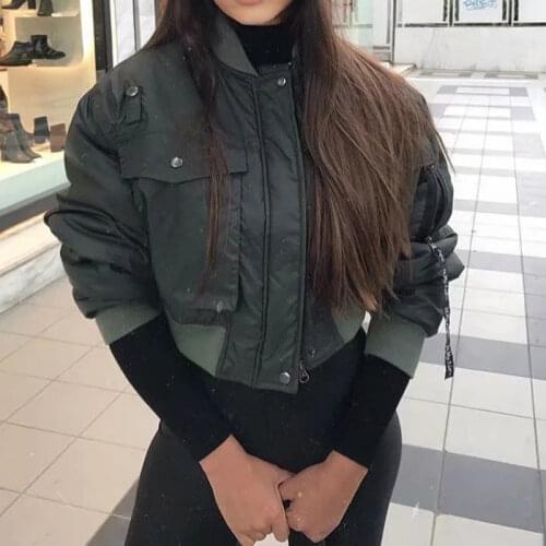 ZA Spring Autumn 2021 Bomber Jacket Women Army Green Warm Zipper Pockets Winter Coat Female Jacket Parkas Female Chaqueta