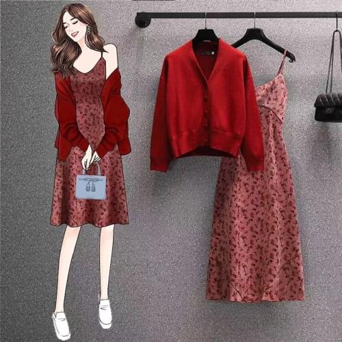 EHQAXIN Spring New Fashion Womens Knitwear Button Long Sleeve Jacket + Korean Floral Sling Dress Two-Piece Set L-4XL