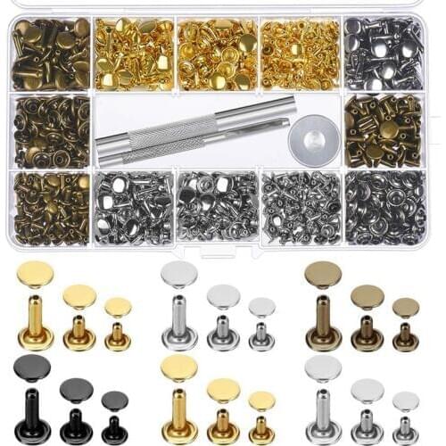 480 Sets 3 Sizes Leather Rivets Double Cap Rivet with 3 Pieces Setting Tool Kit for Leather Craft Repairs Decoration