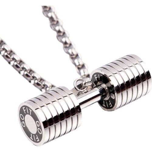 Canuomen Titanium Steel Dumbbell Necklace Stainless Steel Barbell Pendant New Fitness Jewelry Europe and America Necklace Hot