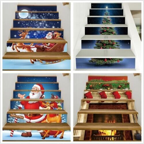 Christmas Decoration Stairs Sticker Self Stick Staircase Mural Stair Decal Fireplace Santa Claus Wallpapers For Xmas Home Decor