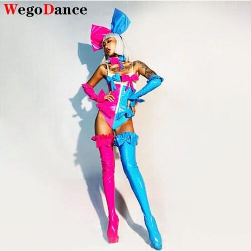 New Pu Leather Bar Club Party Lady Sexy Cosplay Costume Pink Blue Bodysuit Leggings Gloves Headdress Dance Team Show Stage Wear