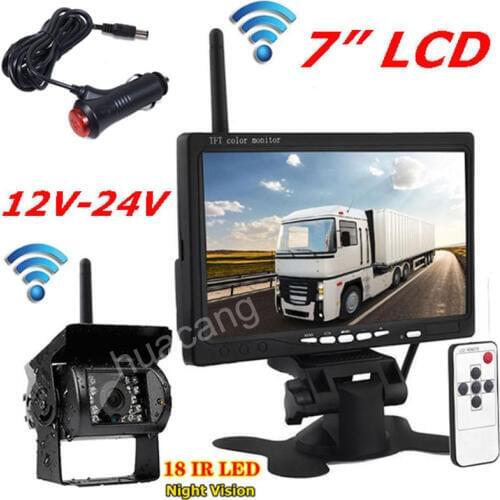 Trucks Bus RV Trailer 12V-24V 2in1 Wired/Wireless Vehicle Reversing Camera Kit,7 inch TFT LCD Monitor+Night Vision Backup Camera