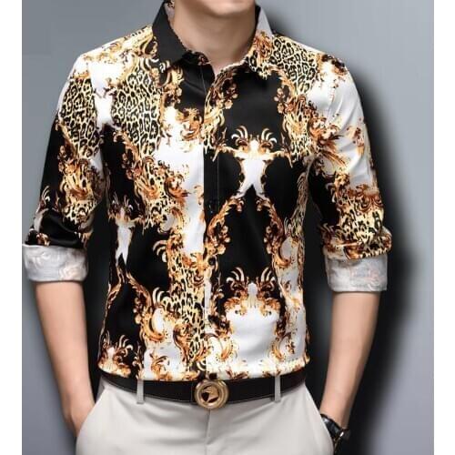 Luxury Elegant Fashion Mens Clothing Gold Leopard Printed Big Size Blouse Cotton Shirt For Mens Wide Dress for Stout Oversize
