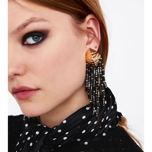 Luxury Acrylic Beaded Tassel Earrings For Women Za Earrings Jewelry Boho Indian Ethnic Big Long Fringe Drop Earrings Black Red