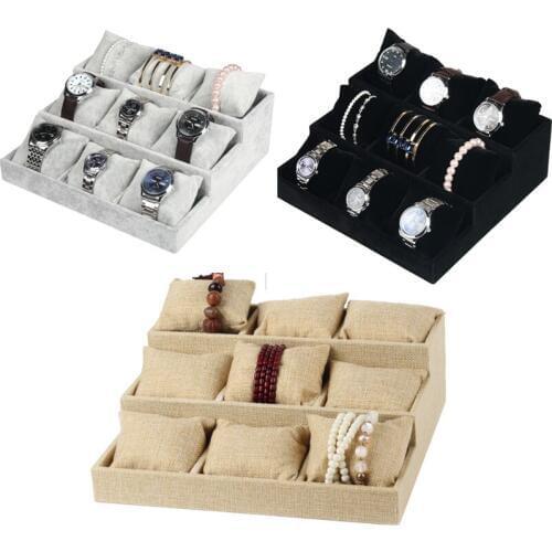 Luxury Black/Gray Velvet Linen Bracelet 9 Pillows Tray Watch Stud Hand Catenary Jewelry Tray Plate Holder Display