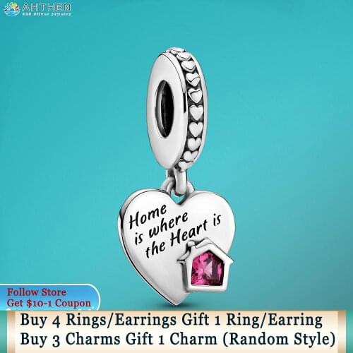 Ahthen 925 Sterling Silver Charm Love My Home Heart Dangle Charm fit Original Pandora Bracelets for Women Jewelry Making