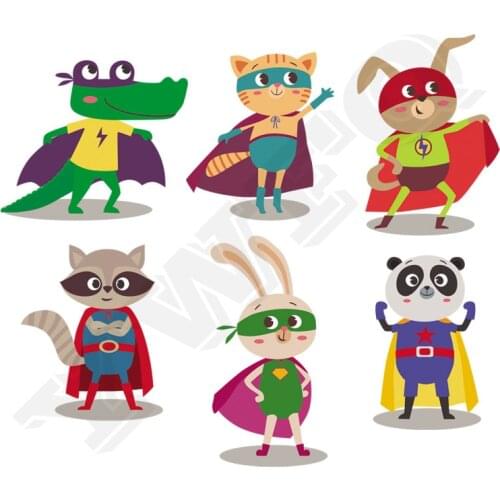 6pcs/set Animal Super Hero Heat Transfers Washable Ironing Stickers Badges Tiger Appliques Crocodile Patches For Children Gift