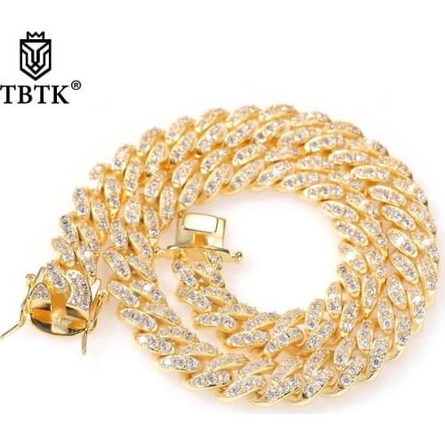 TBTK 12mm Width Metal Geometric Zircon Gold Necklace Male Trendy Luxury Fashion Hiphop Jewelry Punk Cuban Link Chain Unisex