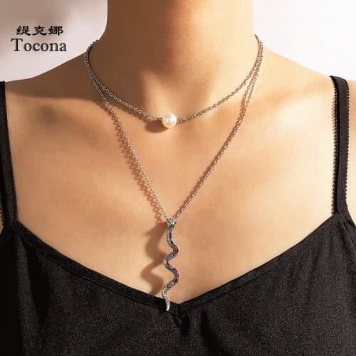 Tocona Colorful Rhinestone Snake Pendant Necklace for Women Luxury Pearl Stone Multi-layer Silver Color Alloy Party Jewelry