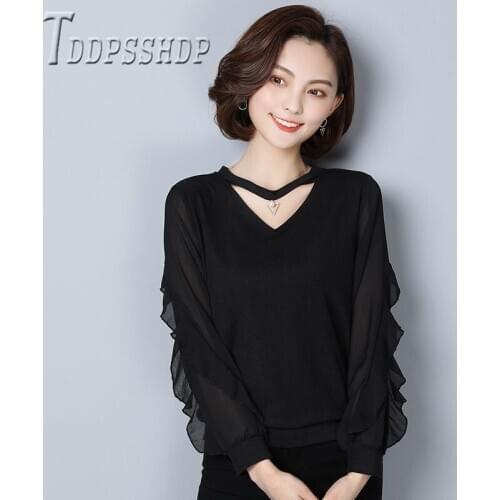 2020 Spring Plus Size V Neck Women Blouse Black Color Long Sleeve Female Blouses