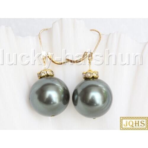 JQHS Dangle 20mm Tahitian-black south sea shell pearls Beaded Earrings hoop j11479