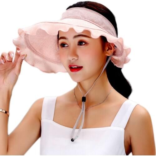 Women UV Protection Sun Visor Hat Empty Top Ruffles Wide Brim Foldable Beach Cap
