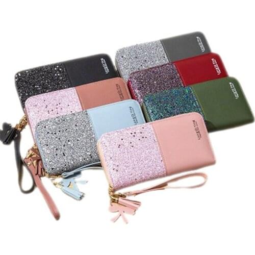Female Wallet Sequins Tassel PU Leather Wallet Short Change Purse Handbag for Women